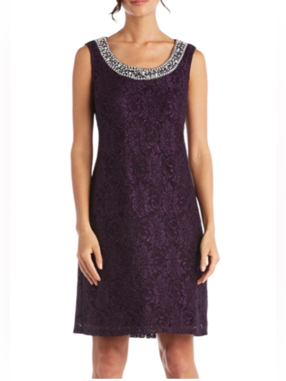 R&M Richards Beaded Neckline Lace Dress MOB Formal Purple Shimmering Pearl Sz 8